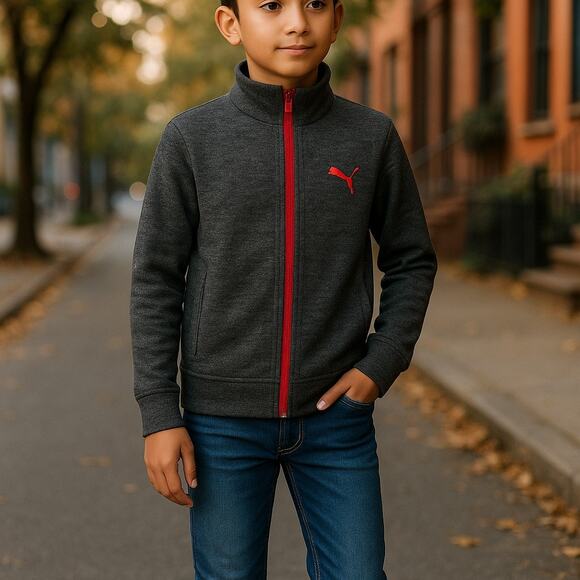 Puma Boys Fleece Jacket Sz M 8 10 Gray Red Full Front Zip Lightweight‎ Layering - Picture 3 of 9